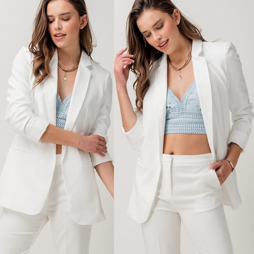 NEW Classic Collar Mid Length Side Pocket Open Front Cardigan Long Blazer Ivory